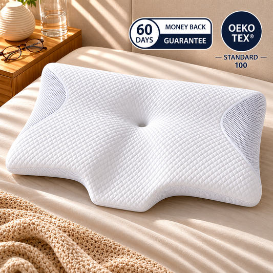 White pillow on a bed with a nightstand in the background, featuring Oeko-Tex and money-back guarantee logos.