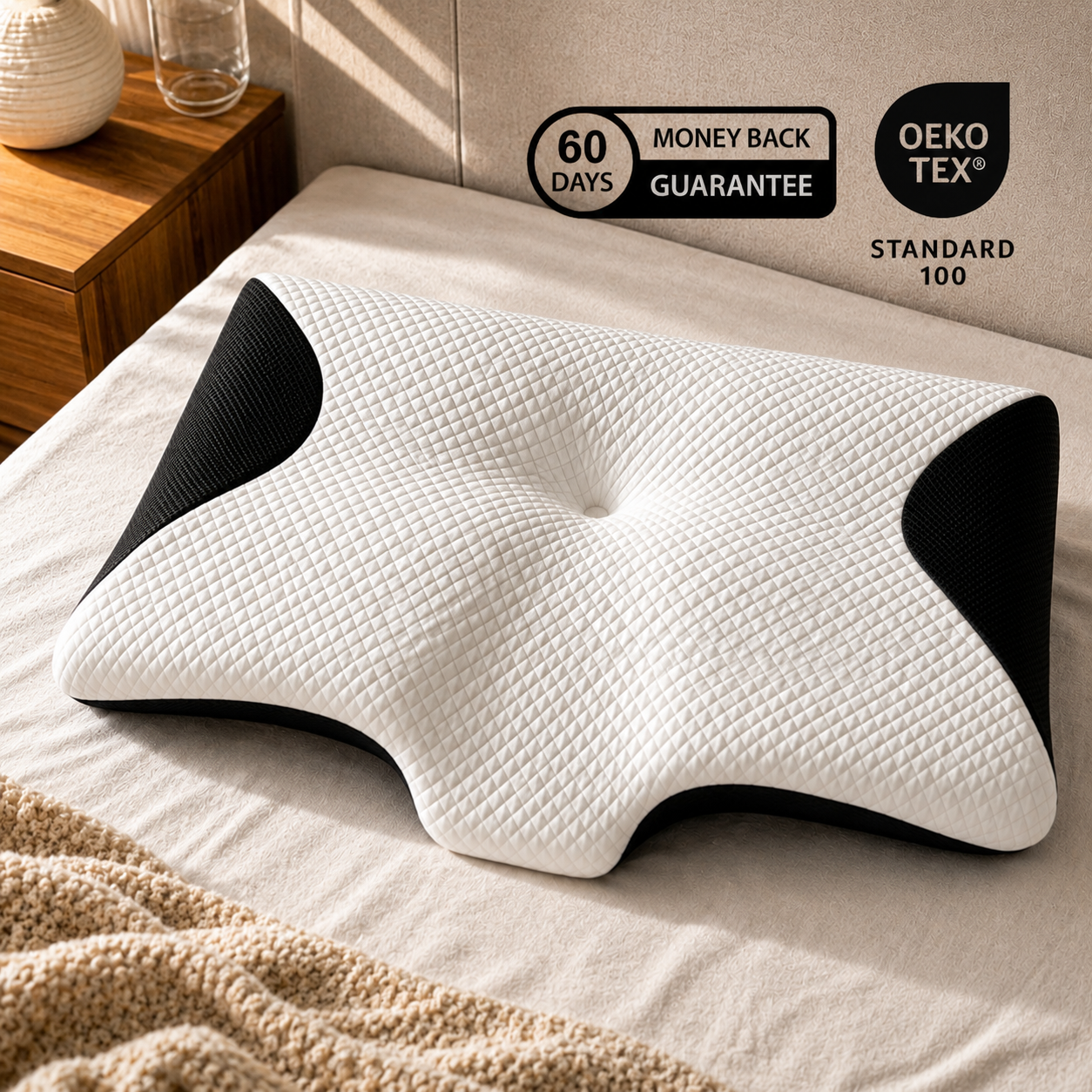 White and black pillow on a bed with Oeko-Tex and money-back guarantee logos.